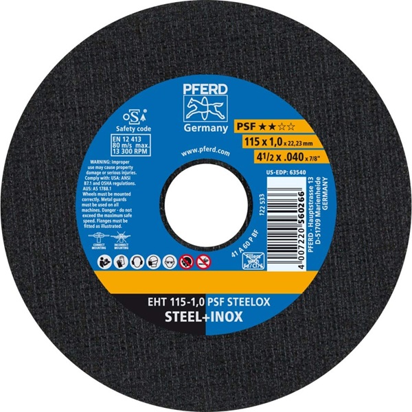 208170-4007220560266-DISCO-CORTE-INOX-EHT-115X1-A60-PSF-STEELOX-61730100-PFERD Disco corte INOX EHT 115x1 A60 PSF STEELOX - 61730100 PFERD - Imagen 1