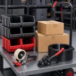 Cajas, gavetas, cinta de embalaje y herramientas de flejado para almacén industrial